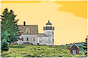 Rustic Pumpkin Island Lighthouse in Midcoast Maine - Illus.