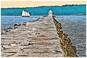 Rockland Lighthouse at End of Long Breakwater in Maine - Illus.