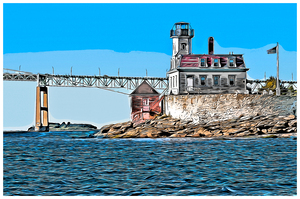 Rose Island Lighthouse by Newport Bridge in Rhode Island - Illus.