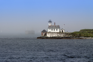 Rose Island Lighthouse in Newport Harbor Fog in Rhode Island