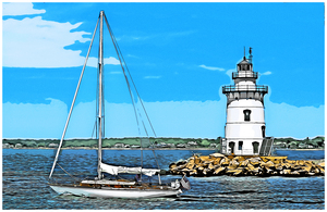 Sailboat Passes Saybrook Breakwater Lighthouse in Connecticut - Illus.