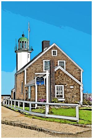 Scituate Lighthouse with Keepers Building  in Massachusetts - Illus.