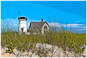 Stage Harbor Lighthouse Without Lantern on Cape Cod Beach in Massachusetts - Illus.