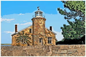 Stonington Harbor Lighthouse Behind Stone Wall in Connecticut - Illus.
