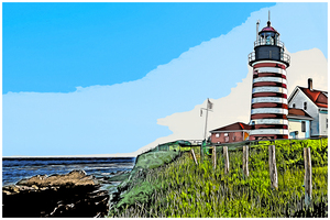 West Quoddy Head Light Over Rocky Shoreline in Down East Maine - Illus.