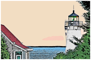 Sunset at Warwick Harbor Lighthouse in Rhode Island - Illus.