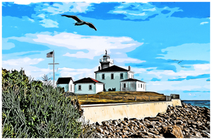Seagull Flies By Watch Hill Lighthouse in Rhode Island - Illus.