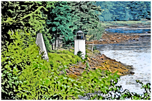 Whitlocks Mill Lighthouse and Fog Tower on River in Northernmost Maine - Illus.