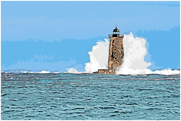 Enormous Wave Surrounds Tower of Whaleback Light in Maine - Illus. Print
