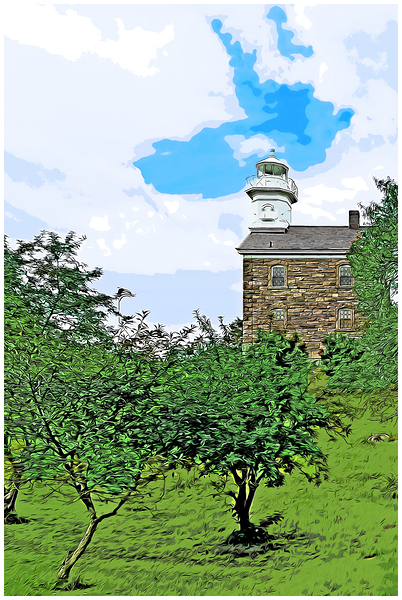 Great Captain Island Lighthouse on Hilltop in Connecticut - Illus. Print