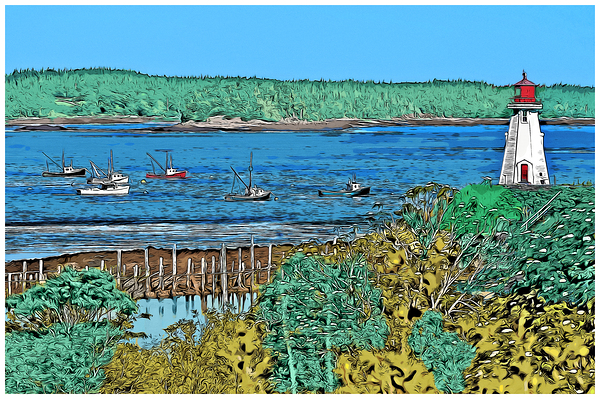 Mullholland Lighthouse Overlooks Fishing Boats in Canadian Harbor - Illus.  Print