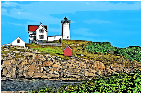 Nubble Cape Neddick Lighthouse on Rocky Island in Maine - Illus. Print