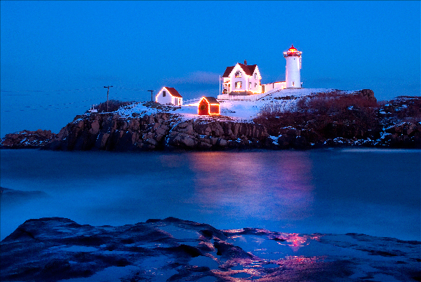 Lighted Cape Neddick Nubble Lighthouse During the Holidays in Maine Print