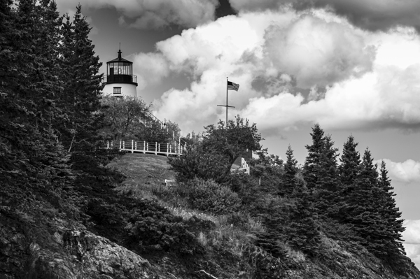 Owls Head Light Over Rocky Cliffs in Midcoast Maine - B&W Print