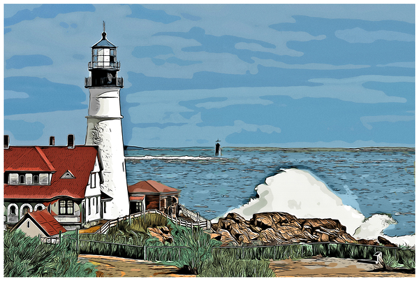 Waves Crash By Portland Head Light as Sun Breaks Through Clouds  - Illus. Print