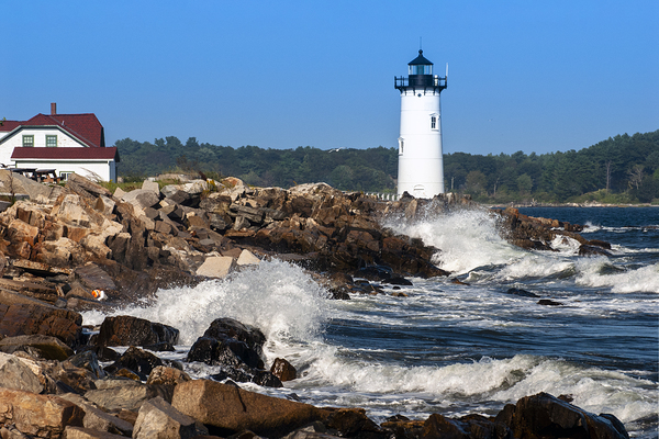 Breaking Waves Along Rocky Shoreline by Portsmouth Harbor Light in New Hampshire Print