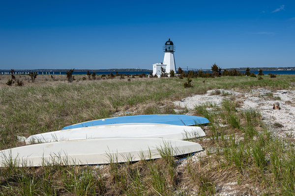 Kayaks by Prudence Island Sandy Point Lighthouse in Rhode Island Print