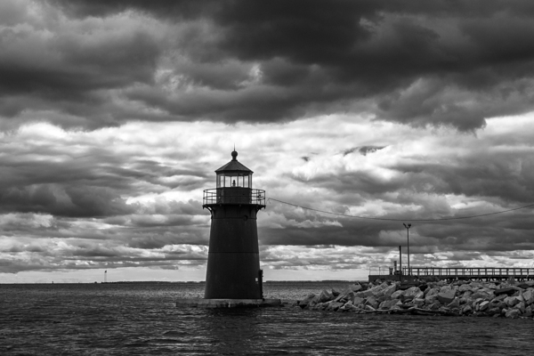 Dark Clouds Around the Black Tower of Tongue Point Light in Bridgeport Connecticut -B&W Print