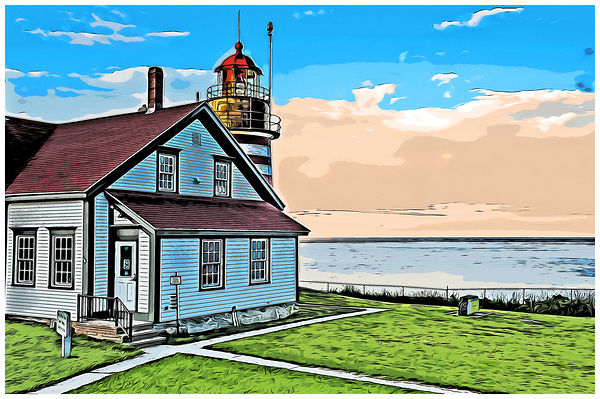 Sunset in Front of West Quoddy Head Lighthouse in Maine - Illus. Print