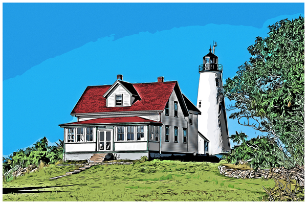Bakers Island Lighthouse on Summer Day in Salem in Massachusetts - Illus. Print