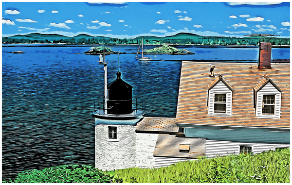 Browns Head Lighthouse Over Penobscot Bay in Maine - Illus. Print