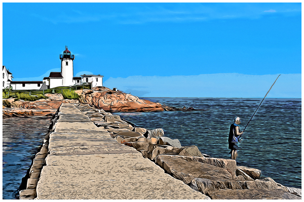 Fishing Near Eastern Point Light in Gloucester Massachusetts -Illus. Print