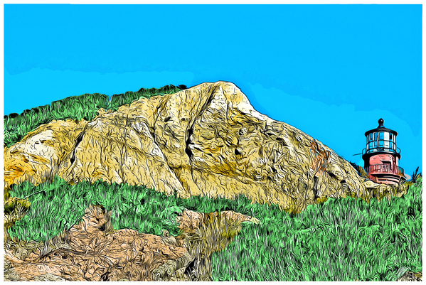 Gay Head Lighthouse Over Cliffs on Marthas Vineyard in Massachusetts - Illus. Print