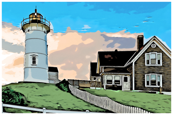 Sun Setting Behind Nobska Lighthouse on Cape Cod in Massachusetts - Illus. Print