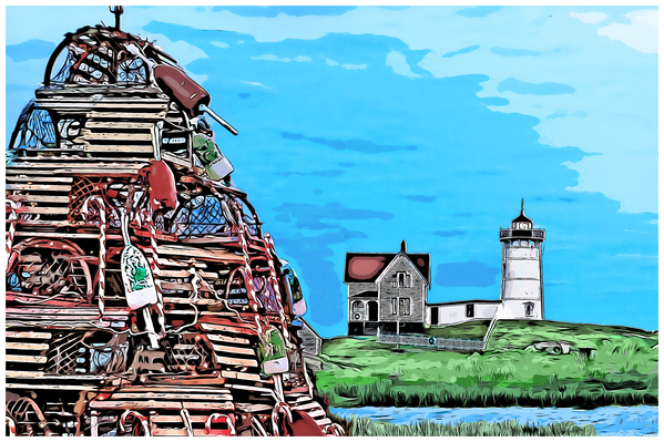 Nubble Light Near Lobster Trap Holiday Tree in Maine -Illus. Print