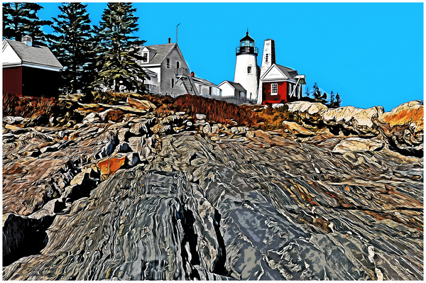 Pemaquid Lighthouse Over Rock Formations in Maine - Illus. Print