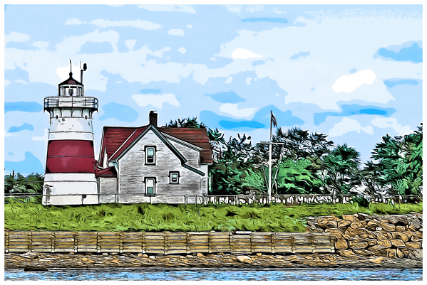 Stratford Point Lighthouse on Overcast Day in Connecticut - Illus. Print