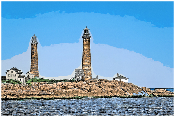 Thacher Island Cape Ann Twin Lights Towers in Rocky Northern Massachusetts - Illus. Print