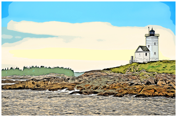 Two Bush Island Light Tower Among Rocky Islands in Midcoast Maine - Illus. Print