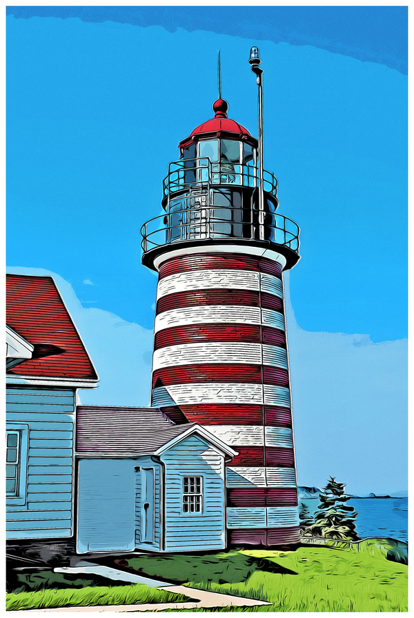 West Quoddy Head Light Striped Tower in Down East Maine - Illus. Print