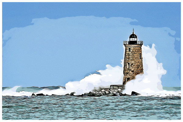 Great Wave Covers Stone Tower of Whaleback Light in Maine - Illus. Print