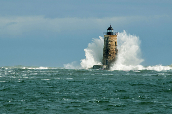 Perfect Crown Wave Surrounds Whaleback Lighthouse Tower in Maine Print