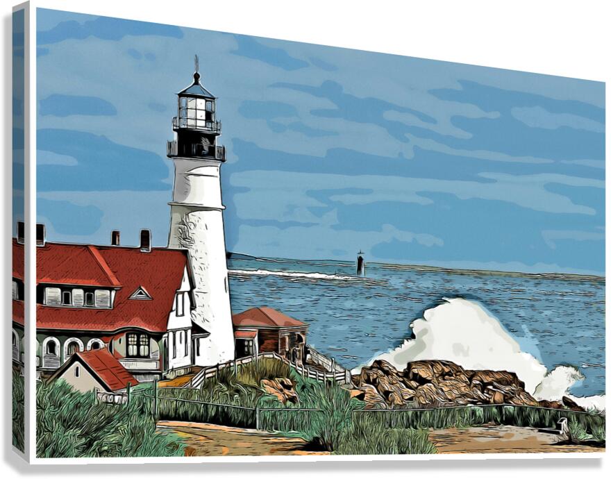 Waves Crash By Portland Head Light as Sun Breaks Through Clouds  - Illus. Canvas Print