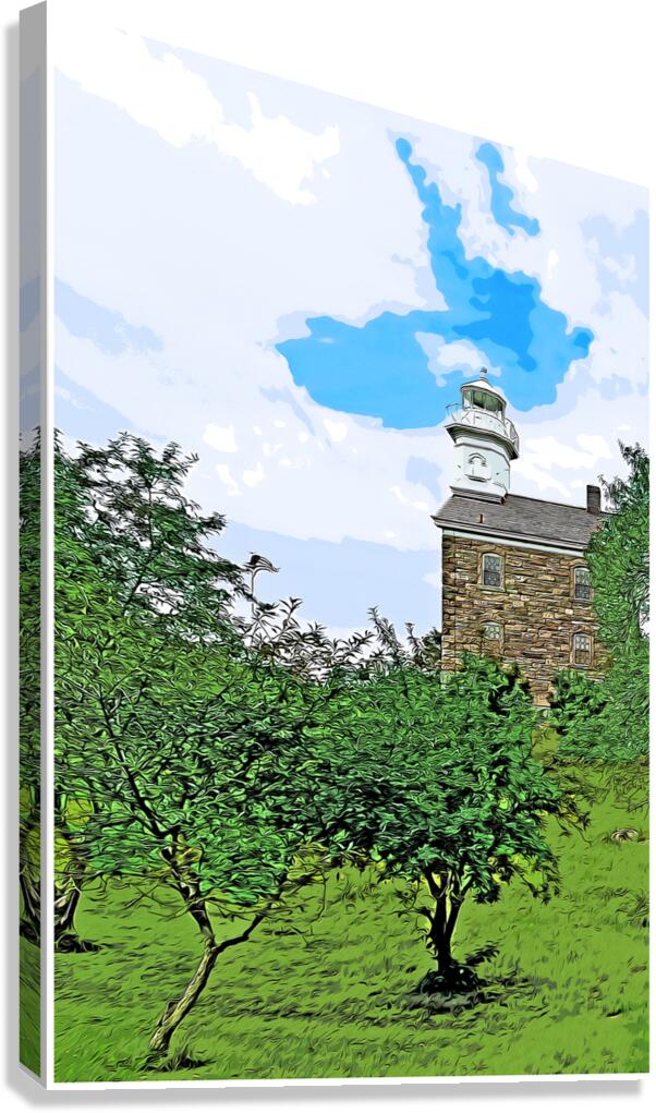 Great Captain Island Lighthouse on Hilltop in Connecticut - Illus. Canvas Print