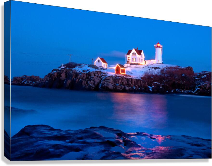 Lighted Cape Neddick Nubble Lighthouse During the Holidays in Maine Canvas Print