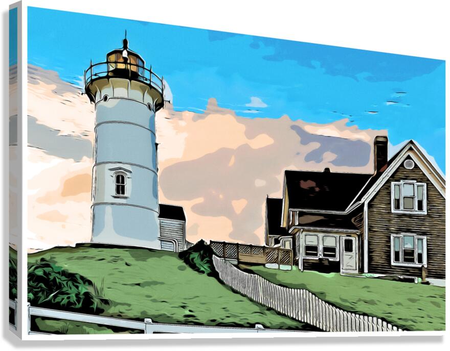 Sun Setting Behind Nobska Lighthouse on Cape Cod in Massachusetts - Illus. Canvas Print