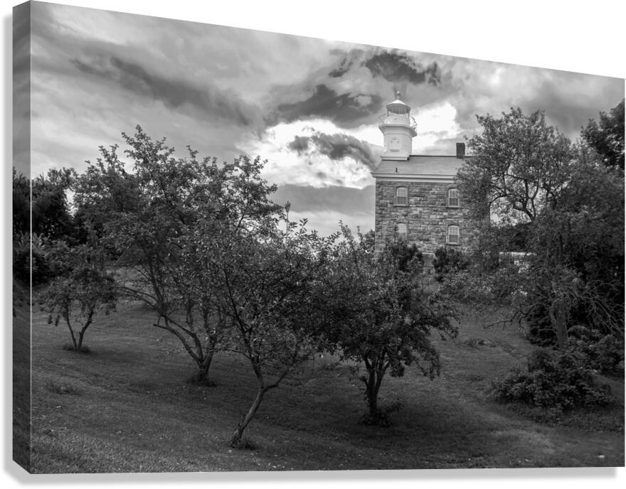 Great Captain Island Lighthouse on Hilltop Among Trees in Connecticut - B&W Canvas Print