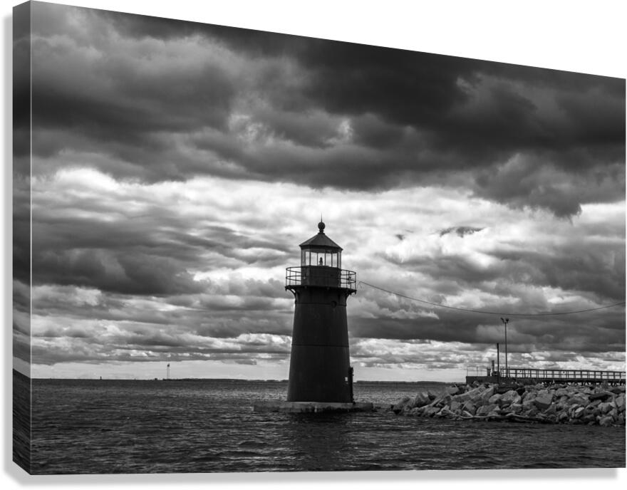 Dark Clouds Around the Black Tower of Tongue Point Light in Bridgeport Connecticut -B&W Canvas Print