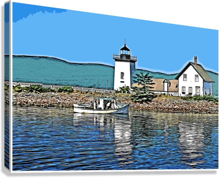 Lobster Boat by Grindle Point Lighthouse in Maine - Illus. Canvas Print