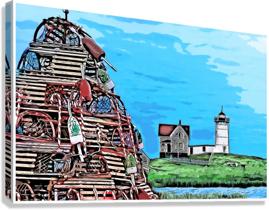 Nubble Light Near Lobster Trap Holiday Tree in Maine -Illus. Canvas Print