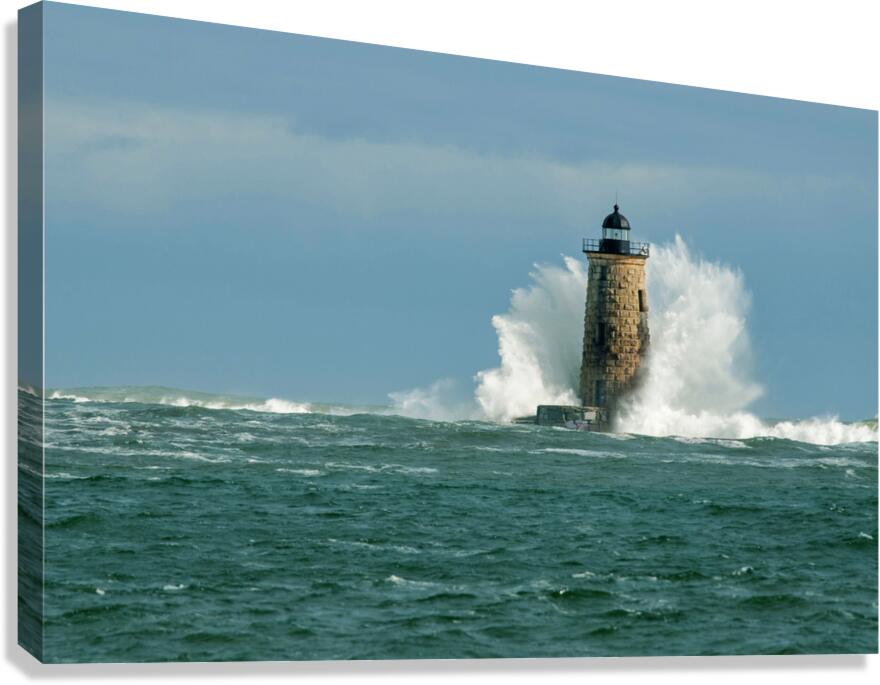 Perfect Crown Wave Surrounds Whaleback Lighthouse Tower in Maine Canvas Print