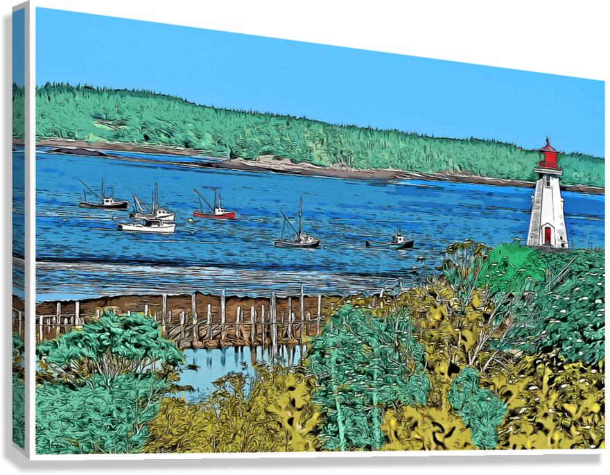 Mullholland Lighthouse Overlooks Fishing Boats in Canadian Harbor - Illus.  Canvas Print