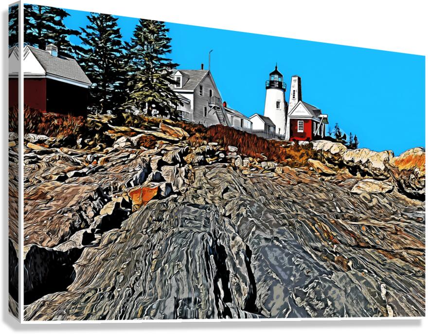 Pemaquid Lighthouse Over Rock Formations in Maine - Illus. Canvas Print