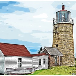 Monhegan Island Lighthouse Stone Tower in Overcast Day in Maine - Illus.