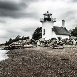 Bristol Ferry Lighthouse Protected with Boulders on Narragansett Bay - B&W
