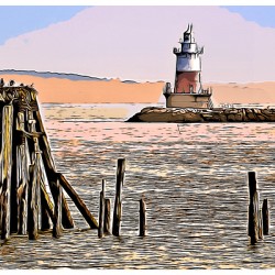 Greens Ledge Lighthouse by Old Dock in Connecticut - Illus.